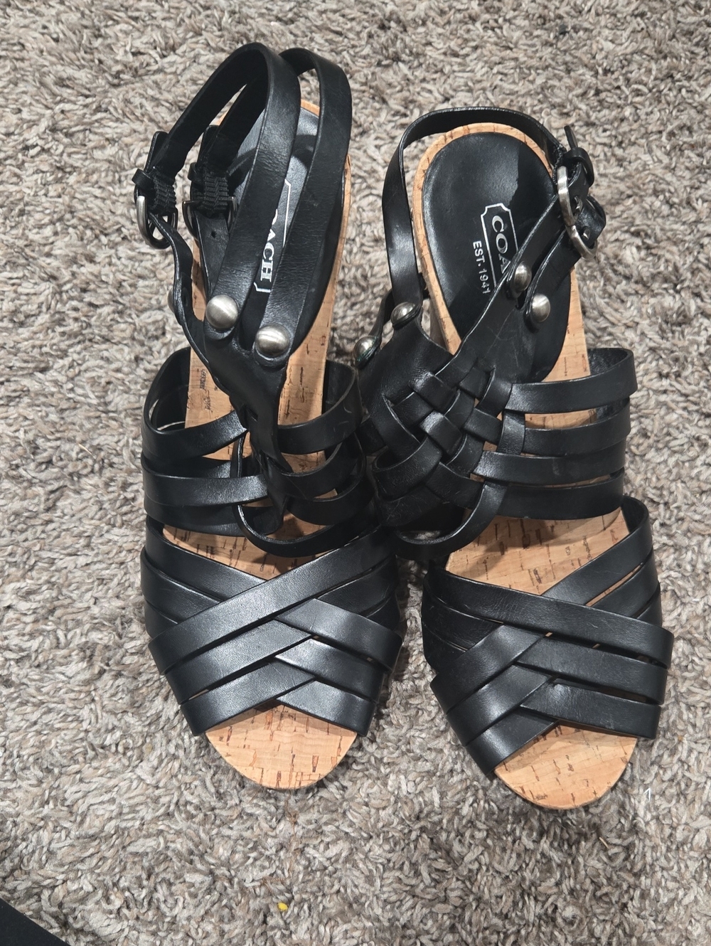 Coach Black Woven Leather Cork Wedge Heels